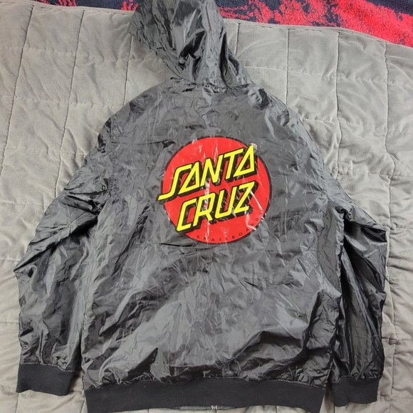 Santa Cruz Skateboarding Dot Mens XL Black Hooded Windbreaker Jacket Long Sleeve - Picture 2 of 10
